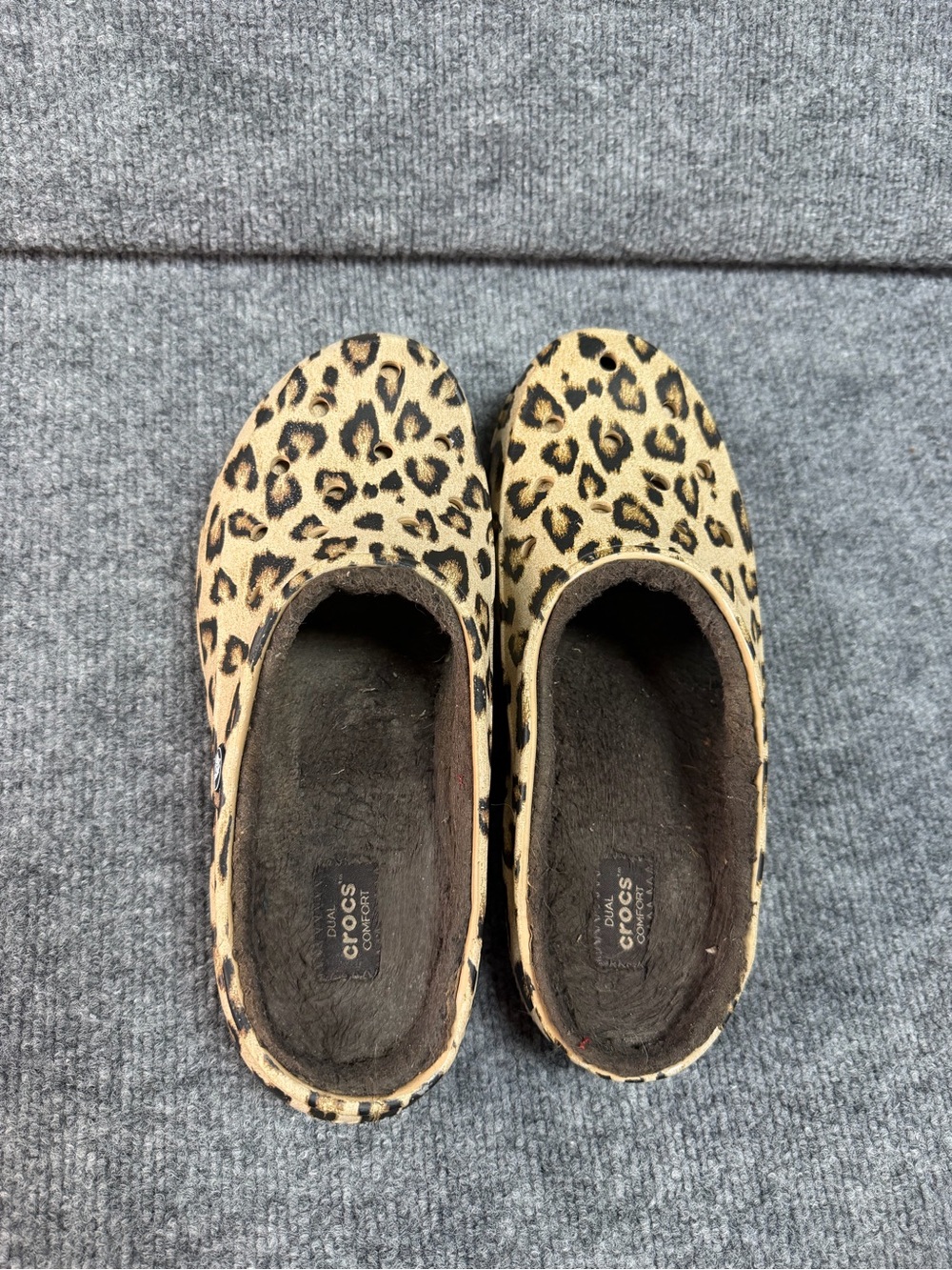 CROCS Leopard Print Slip-On Slippers in Tan and Black